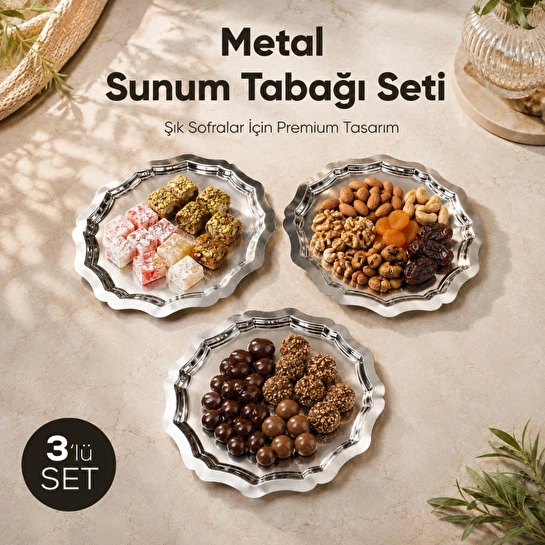 Vienev 3'lü Metal Sunum Tabağı Seti 24 Cm - Çiçek Dekor Sunum Tepsi