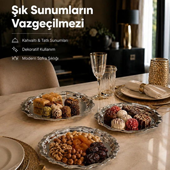 Vienev 3'lü Metal Sunum Tabağı Seti 24 Cm - Çiçek Dekor Sunum Tepsi