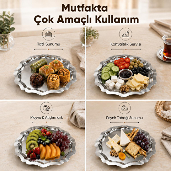 Vienev 3'lü Metal Sunum Tabağı Seti 24 Cm - Çiçek Dekor Sunum Tepsi