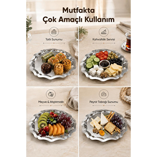 Vienev 3'lü Metal Sunum Tabağı Seti 24 Cm - Çiçek Dekor Sunum Tepsi