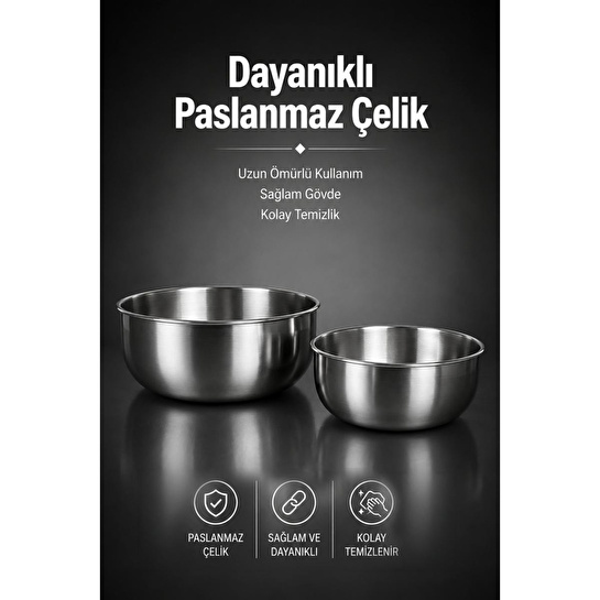 Vienev 2'li Paslanmaz Çelik Karıştırma Kabı Seti - 2500-4000 Ml Metal Kase Takımı
