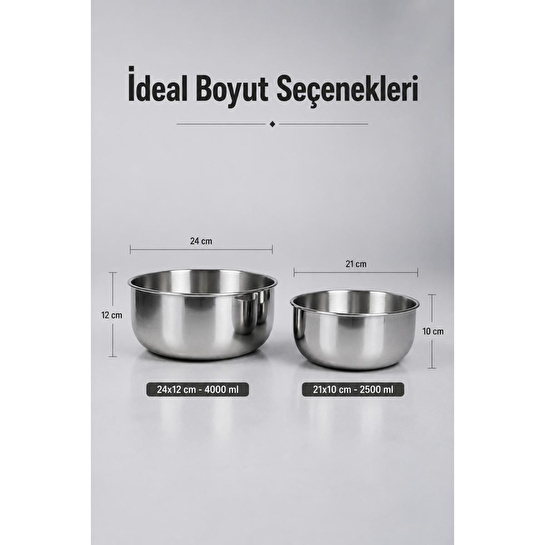 Vienev 2'li Paslanmaz Çelik Karıştırma Kabı Seti - 2500-4000 Ml Metal Kase Takımı