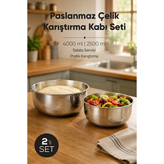 Vienev 2'li Paslanmaz Çelik Karıştırma Kabı Seti - 2500-4000 Ml Metal Kase Takımı
