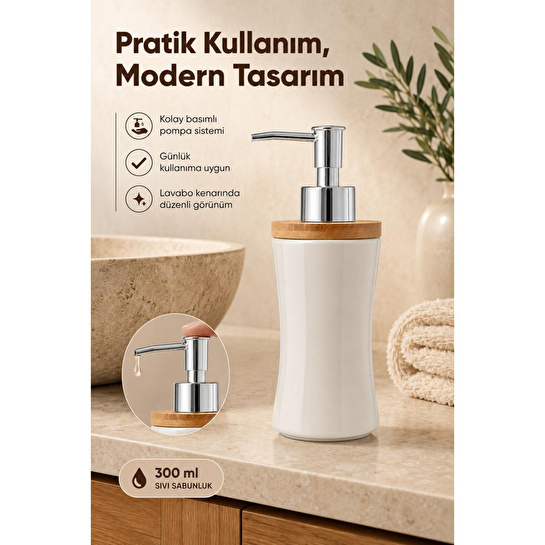 Vienev Bambu Kapaklı Porselen Sıvı Sabunluk 300 Ml Bej