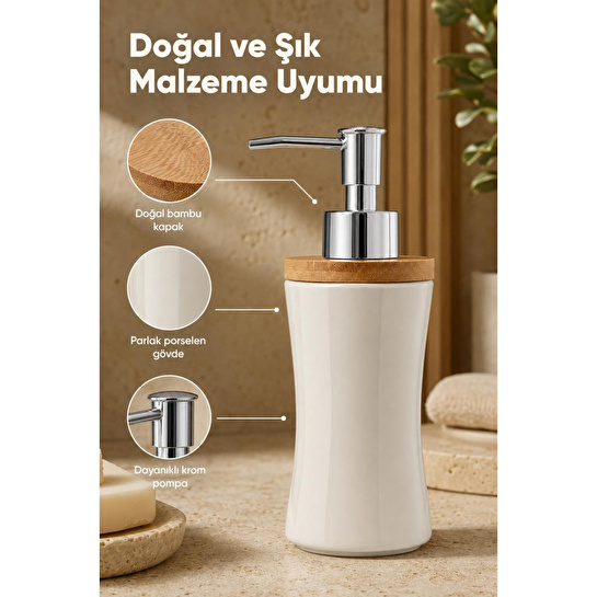 Vienev Bambu Kapaklı Porselen Sıvı Sabunluk 300 Ml Bej
