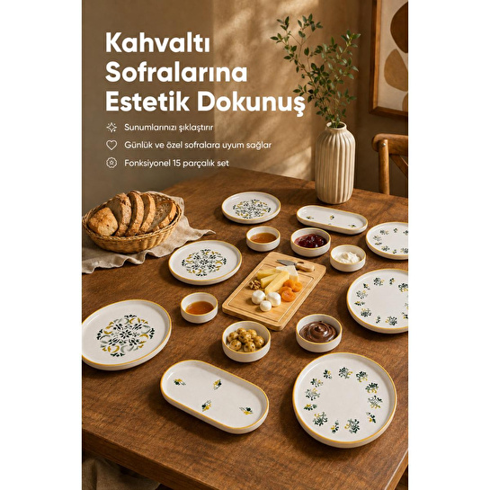 Vienev 15 Parça Bambu Sunumluklu Klasik Kahvaltı Takımı Seti