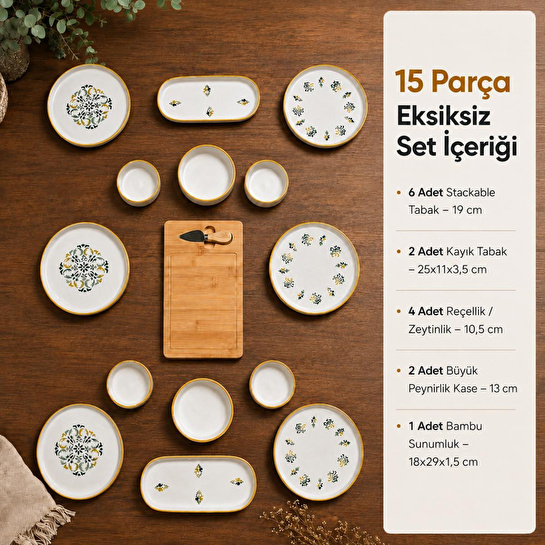 Vienev 15 Parça Bambu Sunumluklu Klasik Kahvaltı Takımı Seti