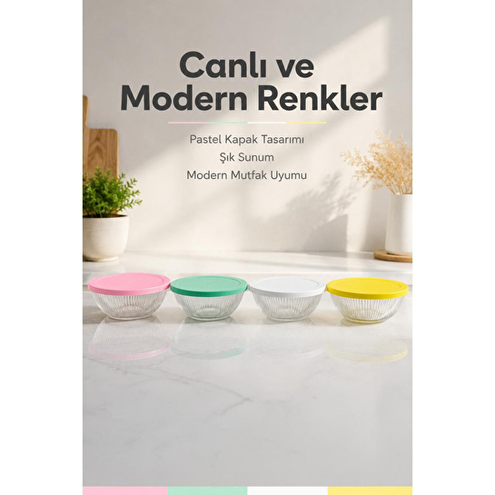 Vienev 4'lü Renkli Kapaklı Cam Kase Seti 415 Cc - Kahvaltılık Saklama Kabı