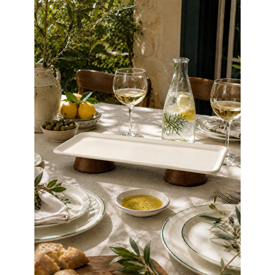 Beige & Stone Dikdörtgen Çift Ahşap Ayaklı Sunum Tabağı 33 Cm Pasta Meyve Servis Sunum Standı