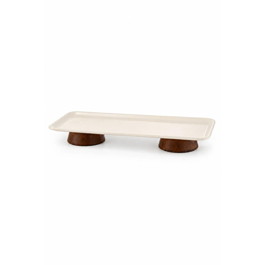 Beige & Stone Dikdörtgen Çift Ahşap Ayaklı Sunum Tabağı 33 Cm Pasta Meyve Servis Sunum Standı