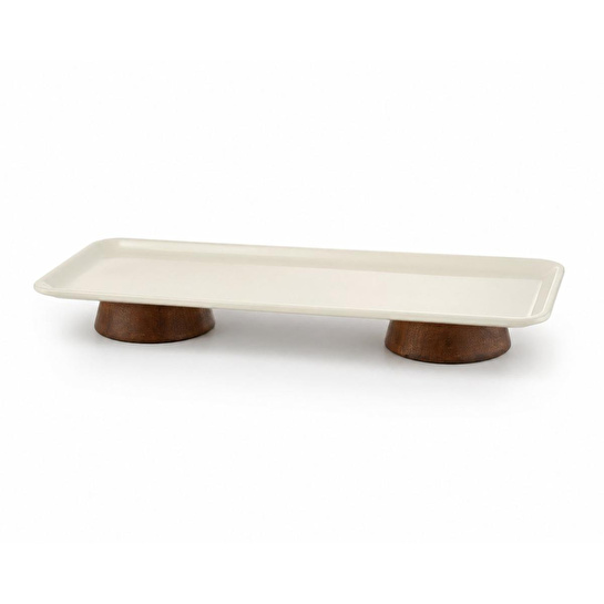 Beige & Stone Dikdörtgen Çift Ahşap Ayaklı Sunum Tabağı 33 Cm Pasta Meyve Servis Sunum Standı