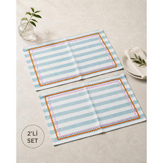 Beige & Stone Mavi Çizgili Pembe - Turuncu Biyeli Amerikan Servisi 2'li Set 33x44 Cm Sofra Ve Masa Düzeni Dekoru