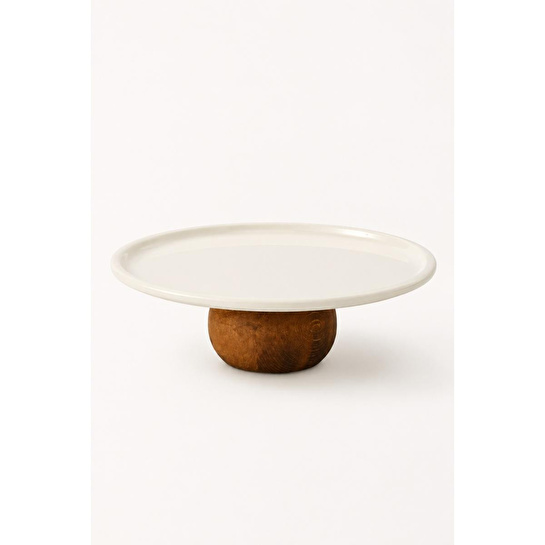 Beige & Stone Ahşap Ayaklı Krem Paslanmaz Çelik Servis - Sunum Tabağı Yuvarlak 22 Cm Pasta Meyve Kek Standı