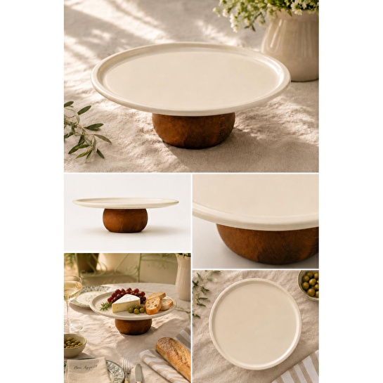 Beige & Stone Ahşap Ayaklı Krem Paslanmaz Çelik Servis - Sunum Tabağı Yuvarlak 22 Cm Pasta Meyve Kek Standı