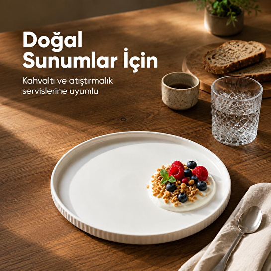 Vienev 2 Parça 24 Cm Porselen Servis Tabağı Seti - Modern Çizgili Yuvarlak Sunum Tabağı