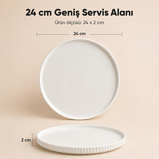Vienev 2 Parça 24 Cm Porselen Servis Tabağı Seti - Modern Çizgili Yuvarlak Sunum Tabağı