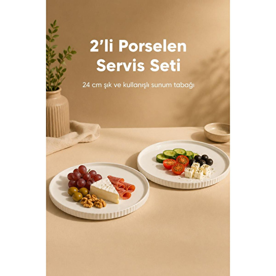 Vienev 2 Parça 24 Cm Porselen Servis Tabağı Seti - Modern Çizgili Yuvarlak Sunum Tabağı
