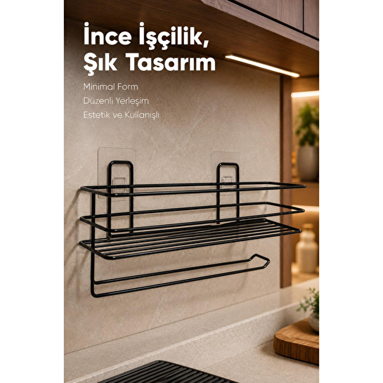 Vienev Yapışkanlı Siyah Metal Mutfak Rafı Ve Kağıt Havluluk