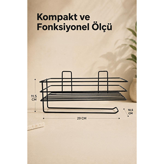 Vienev Yapışkanlı Siyah Metal Mutfak Rafı Ve Kağıt Havluluk