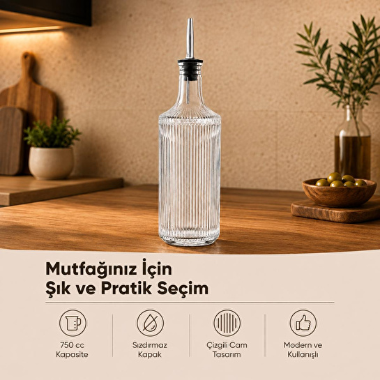 Vienev Çizgili Cam Yağdanlık Seti 750 Cc Yağ Sirke Şişesi Sızdırmaz