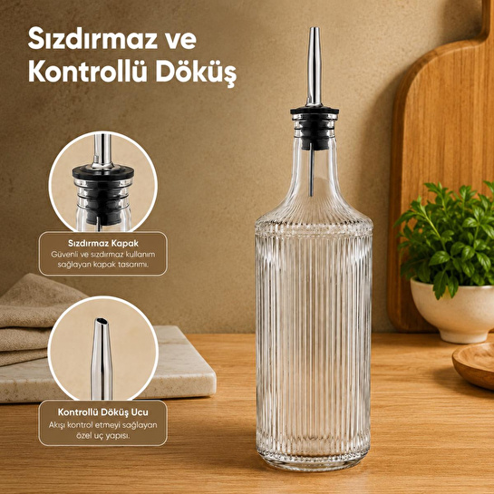 Vienev Çizgili Cam Yağdanlık Seti 750 Cc Yağ Sirke Şişesi Sızdırmaz
