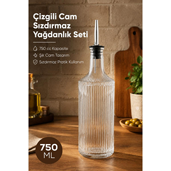 Vienev Çizgili Cam Yağdanlık Seti 750 Cc Yağ Sirke Şişesi Sızdırmaz