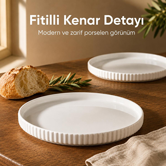 Vienev 2 Parça 20 Cm Porselen Servis Tabağı Seti - Modern Çizgili Yuvarlak Sunum Tabağı