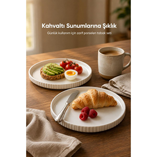 Vienev 2 Parça 20 Cm Porselen Servis Tabağı Seti - Modern Çizgili Yuvarlak Sunum Tabağı