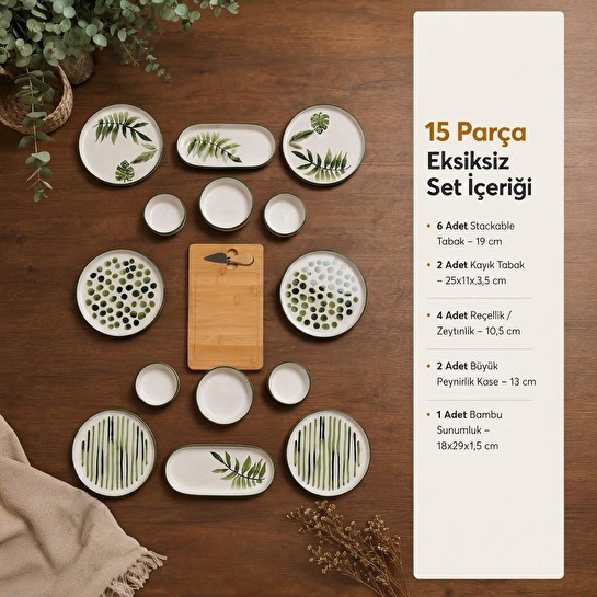 Vienev 15 Parça Bambu Sunumluklu Botanik Kahvaltı Takımı Seti