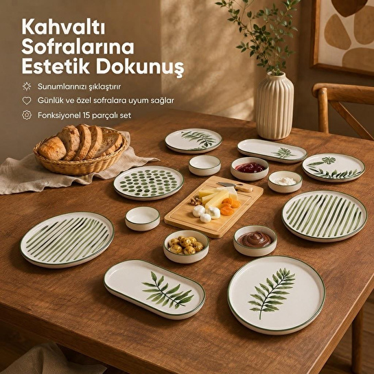 Vienev 15 Parça Bambu Sunumluklu Botanik Kahvaltı Takımı Seti