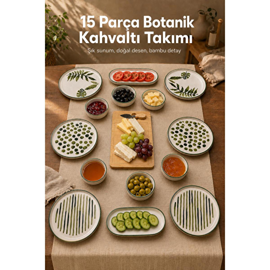 Vienev 15 Parça Bambu Sunumluklu Botanik Kahvaltı Takımı Seti