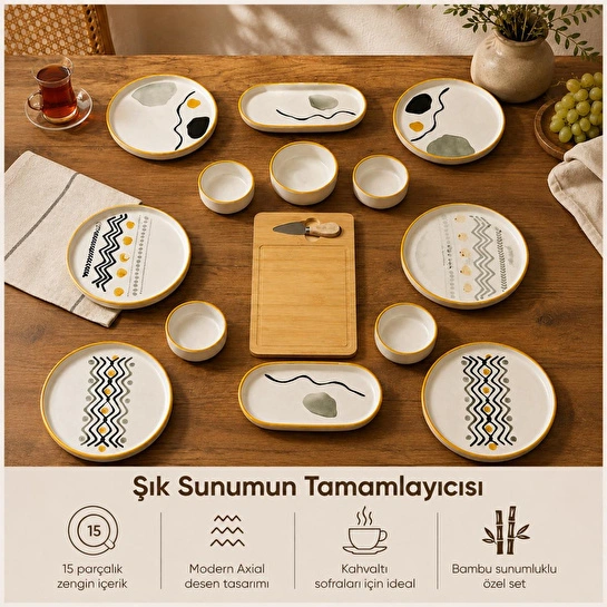 Vienev 15 Parça Bambu Sunumluklu Axial Kahvaltı Takımı Seti
