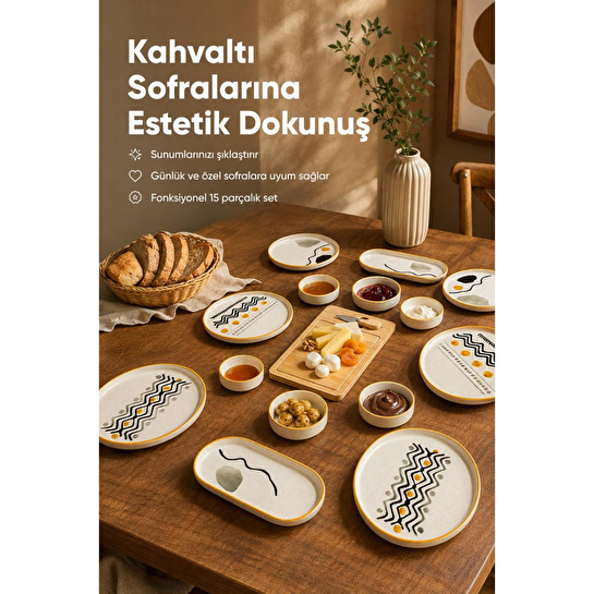 Vienev 15 Parça Bambu Sunumluklu Axial Kahvaltı Takımı Seti