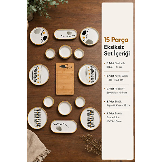 Vienev 15 Parça Bambu Sunumluklu Axial Kahvaltı Takımı Seti