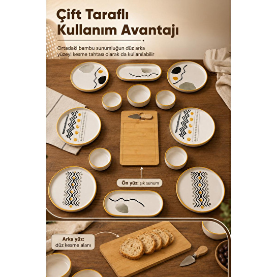 Vienev 15 Parça Bambu Sunumluklu Axial Kahvaltı Takımı Seti