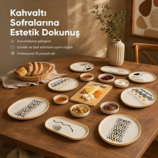Vienev 15 Parça Bambu Sunumluklu Axial Kahvaltı Takımı Seti