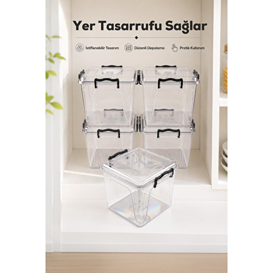Vienev 8.5 Lt Şeffaf Plastik Erzak Saklama Kabı 5'li Set - Kapaklı Kilitli Çok Amaçlı Düzenleyici