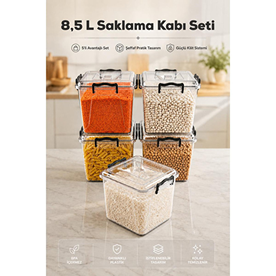 Vienev 8.5 Lt Şeffaf Plastik Erzak Saklama Kabı 5'li Set - Kapaklı Kilitli Çok Amaçlı Düzenleyici
