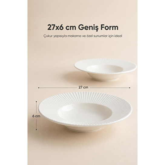 Vienev 2'li Porselen Çizgi Desenli Çukur Makarna Tabağı 27 Cm