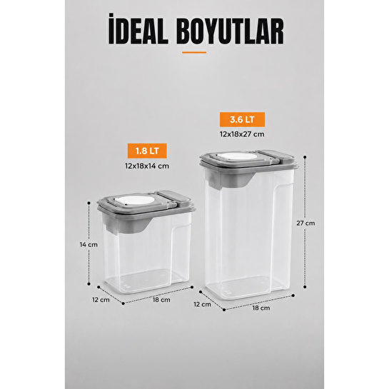 Vienev 6'lı Erzak Saklama Kabı Seti 4x1.8l + 2x3.6l Şeffaf Gri Kapaklı Bakliyat Düzenleyici Organizer