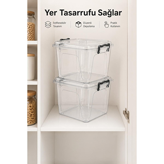 Vienev 8,5 L Şeffaf Plastik Saklama Kabı 2'li Set Düzenleyici Kutu Kapaklı Erzak Kabı