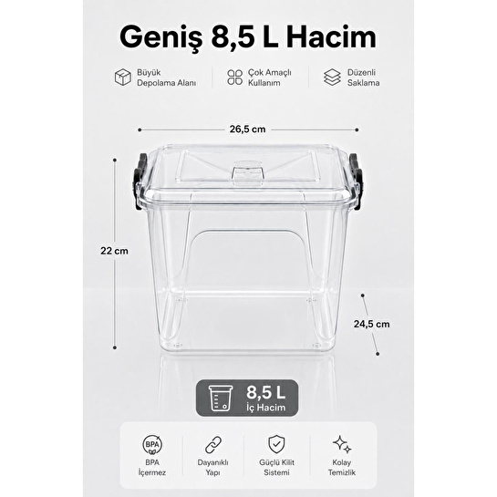 Vienev 8,5 L Şeffaf Plastik Saklama Kabı 2'li Set Düzenleyici Kutu Kapaklı Erzak Kabı