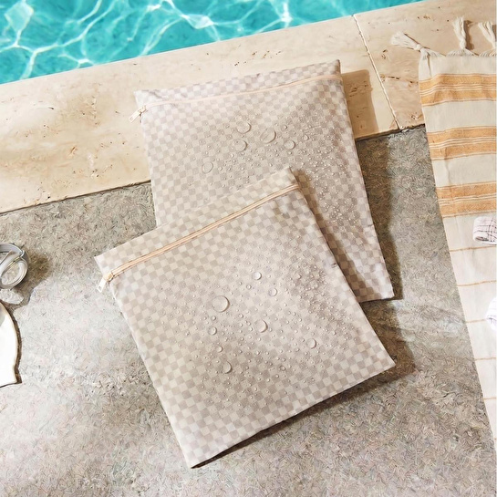 Ocean Home Textile 5'li Su Geçirmez Pvc Astarlı Gri Dama Desen Islak Kuru Çanta Seti 20 X 13 / 24 X 20 / 30 X 24 / 28 X 30 / 30 X