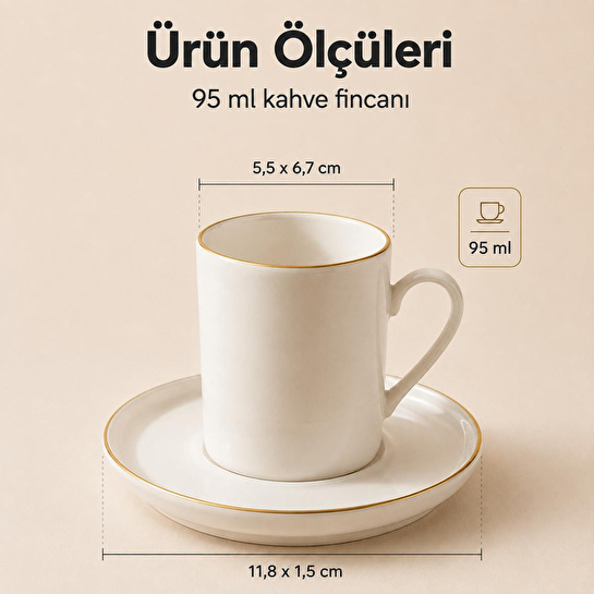 Vienev Porselen Altın Yaldızlı 6 Kişilik Kahve Fincanı Takımı Seti 12 Parça