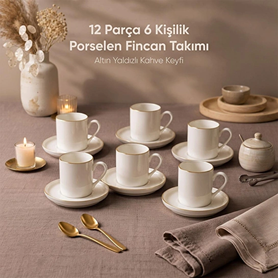 Vienev Porselen Altın Yaldızlı 6 Kişilik Kahve Fincanı Takımı Seti 12 Parça