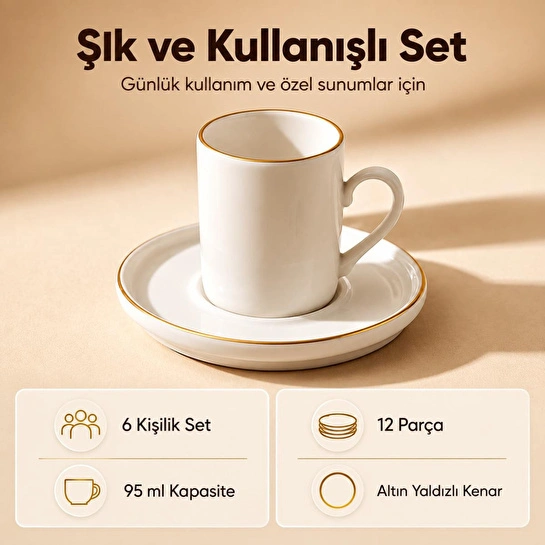 Vienev Porselen Altın Yaldızlı 6 Kişilik Kahve Fincanı Takımı Seti 12 Parça