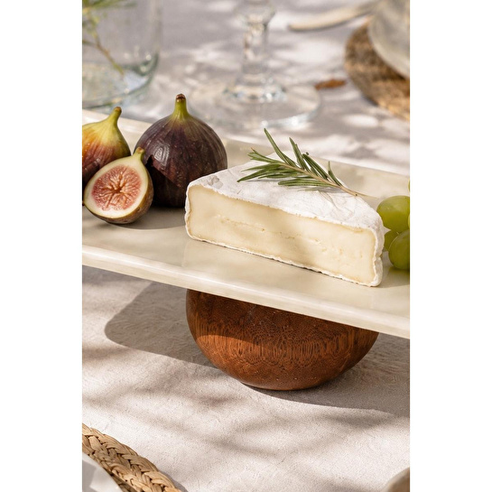Beige & Stone Ahşap Ayaklı Krem Paslanmaz Çelik Servis - Sunum Tabağı Dikdörtgen 33 Cm Pasta Meyve Kek Standı