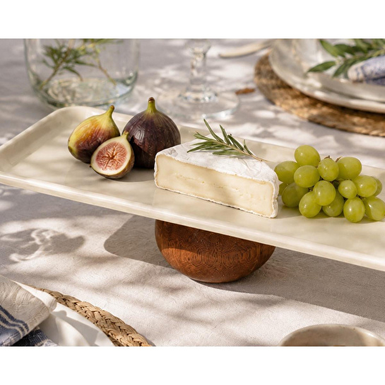 Beige & Stone Ahşap Ayaklı Krem Paslanmaz Çelik Servis - Sunum Tabağı Dikdörtgen 33 Cm Pasta Meyve Kek Standı