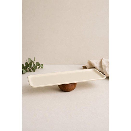 Beige & Stone Ahşap Ayaklı Krem Paslanmaz Çelik Servis - Sunum Tabağı Dikdörtgen 33 Cm Pasta Meyve Kek Standı