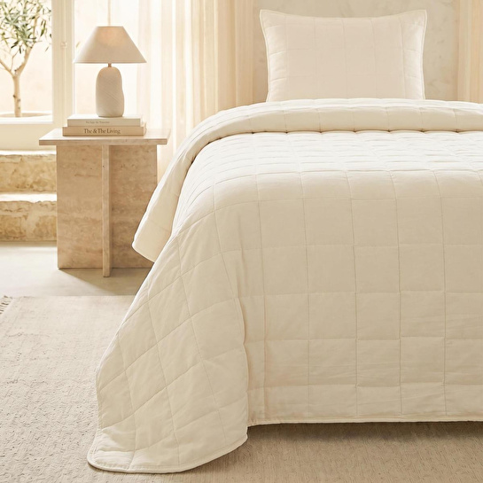 Ocean Home Textile %100 Pamuk Kumaş Kapitoneli Ekru Çok Amaçlı Tek Kişilik Yatak Örtüsü Seti 1 Adet 180 X 230 / 1 Adet 50 X 70 Cm